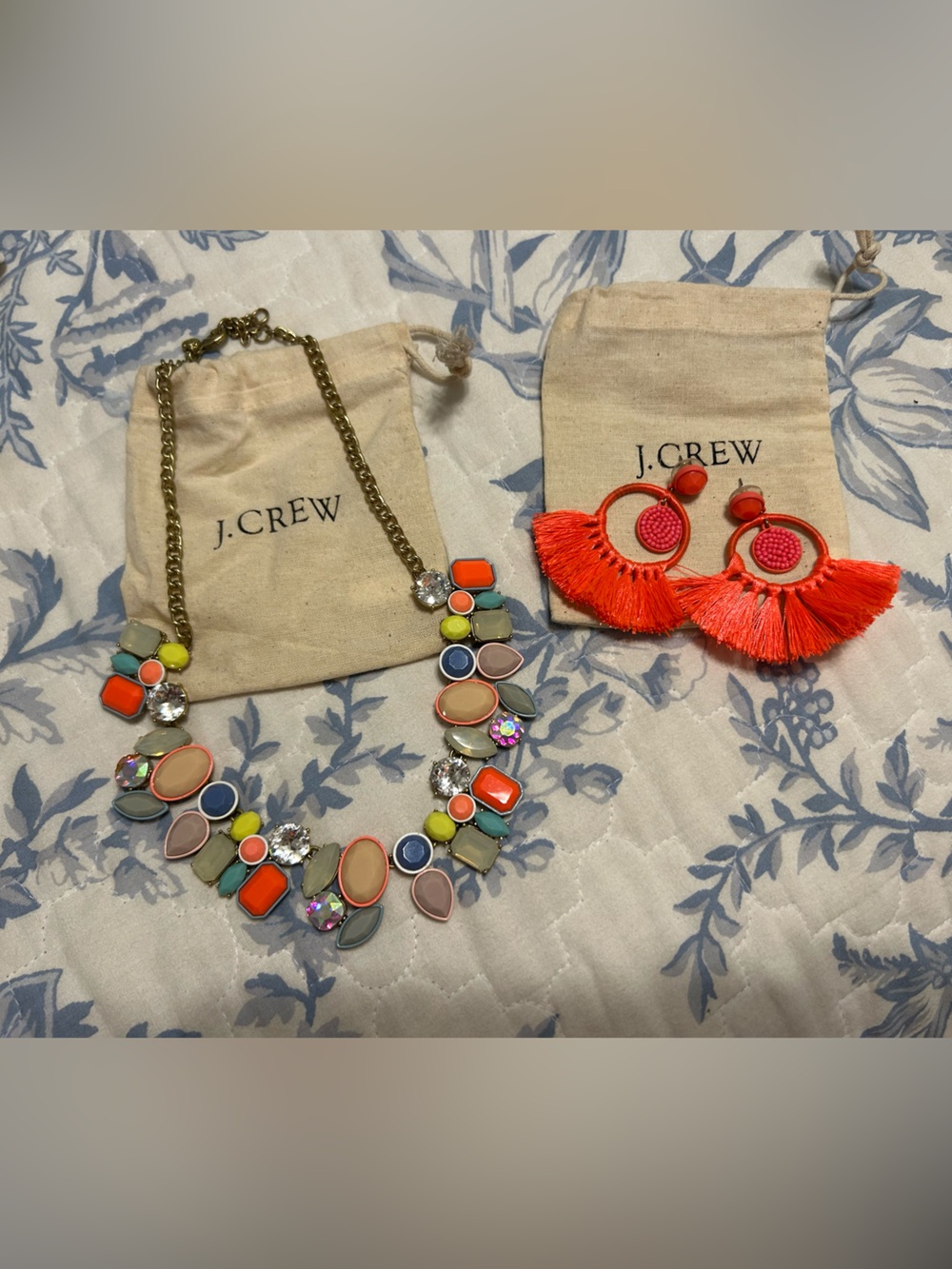 J. Crew Multicolor Statement Necklace with Coral Fringe Earrings